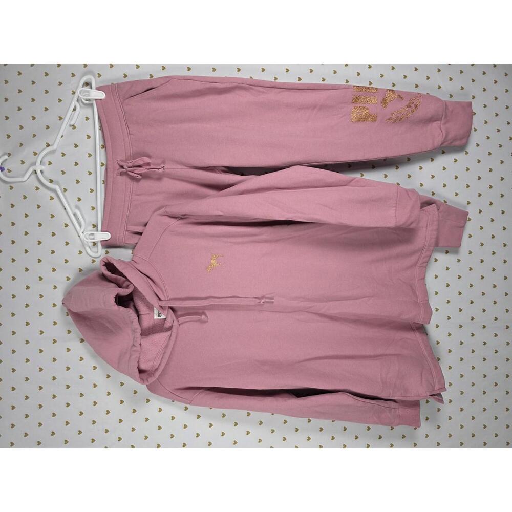 PINK Victoria's Secret Rose Pink Hoodie & Jogger Set with Gold Glitter Logo - Picture 2 of 8